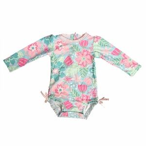 Ruffle Butts Pink & Aqua Floral Long-Sleeve One-Piece Swimsuit